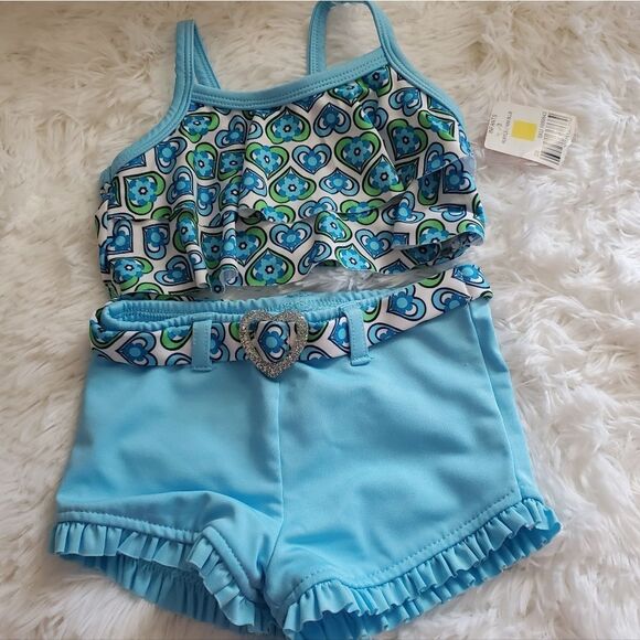 Two Piece Blue and Heart Print Bathing Suit Size 12M - Picture 1 of 8
